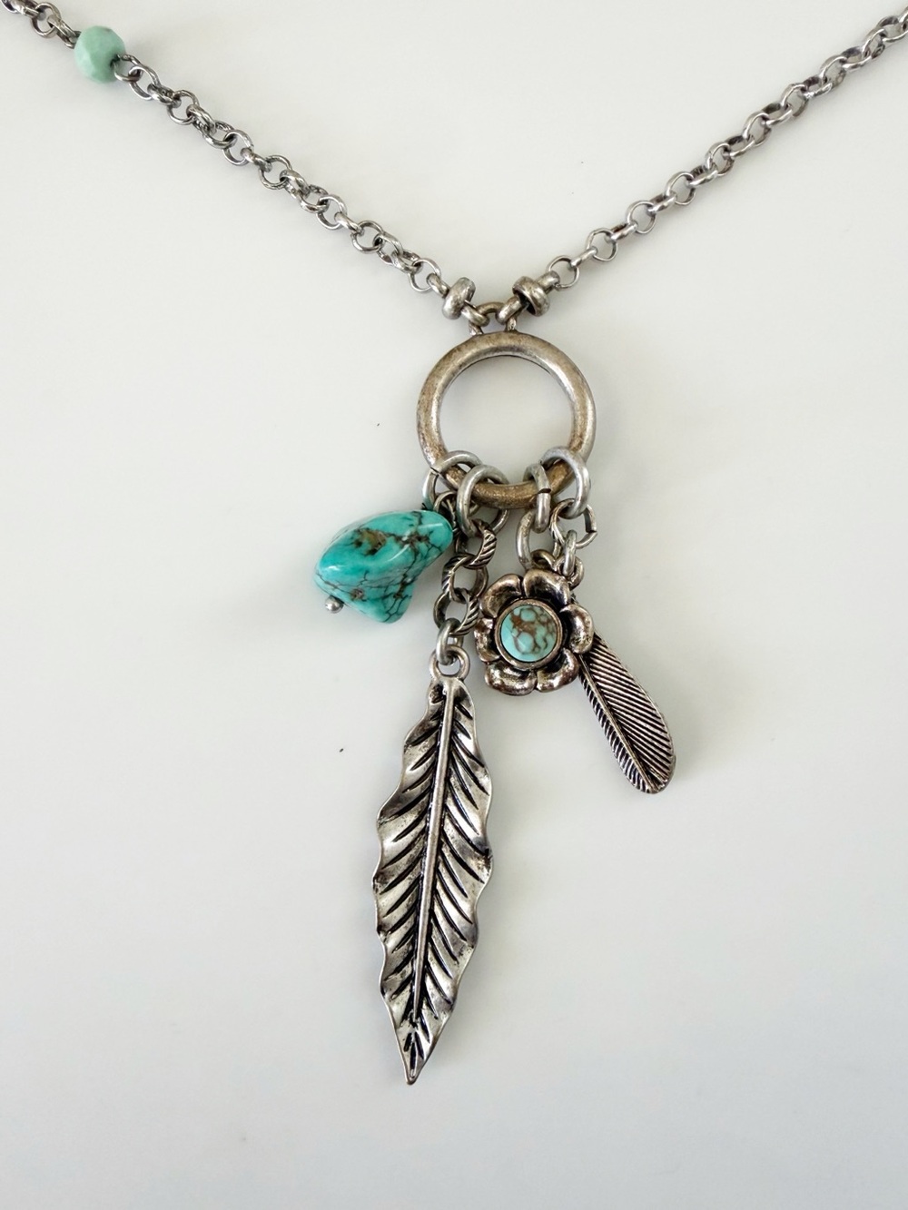 Lucky Brand Boho Western Leafs Flower Turquoise Pendant Silver Tone Necklace NWT